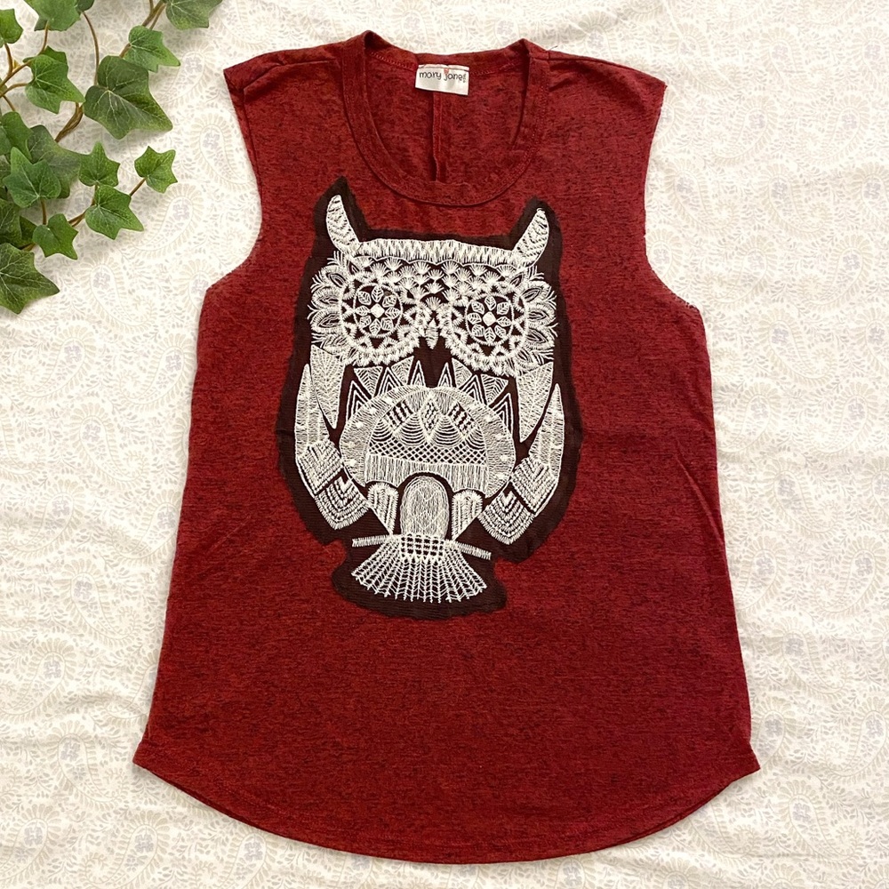 Mary Jane boho embroidered owl tank, red maroon